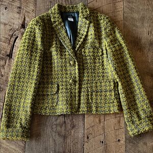J Crew Chartreuse Silver Metallic Houndstooth Blazer Jacket Wool
